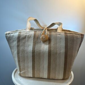 Beige, Cream, and Tan Stripped Woven Straw Beach Bag